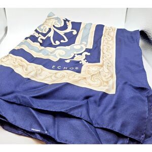 Vintage ECHO Silk Scarf 35“ Square Blue Gold Ivory